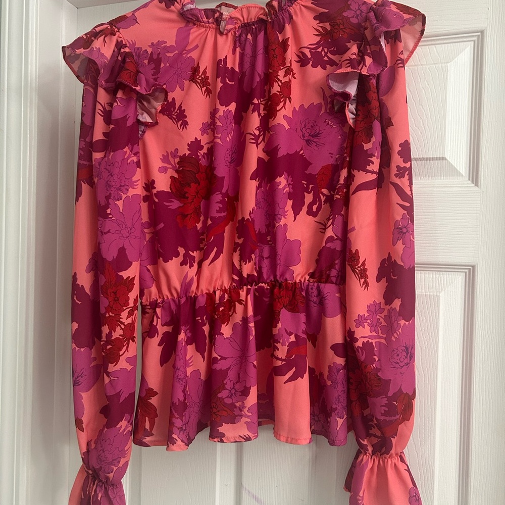 SHEIN Pink & Magenta Floral Ruffle Peplum Blouse